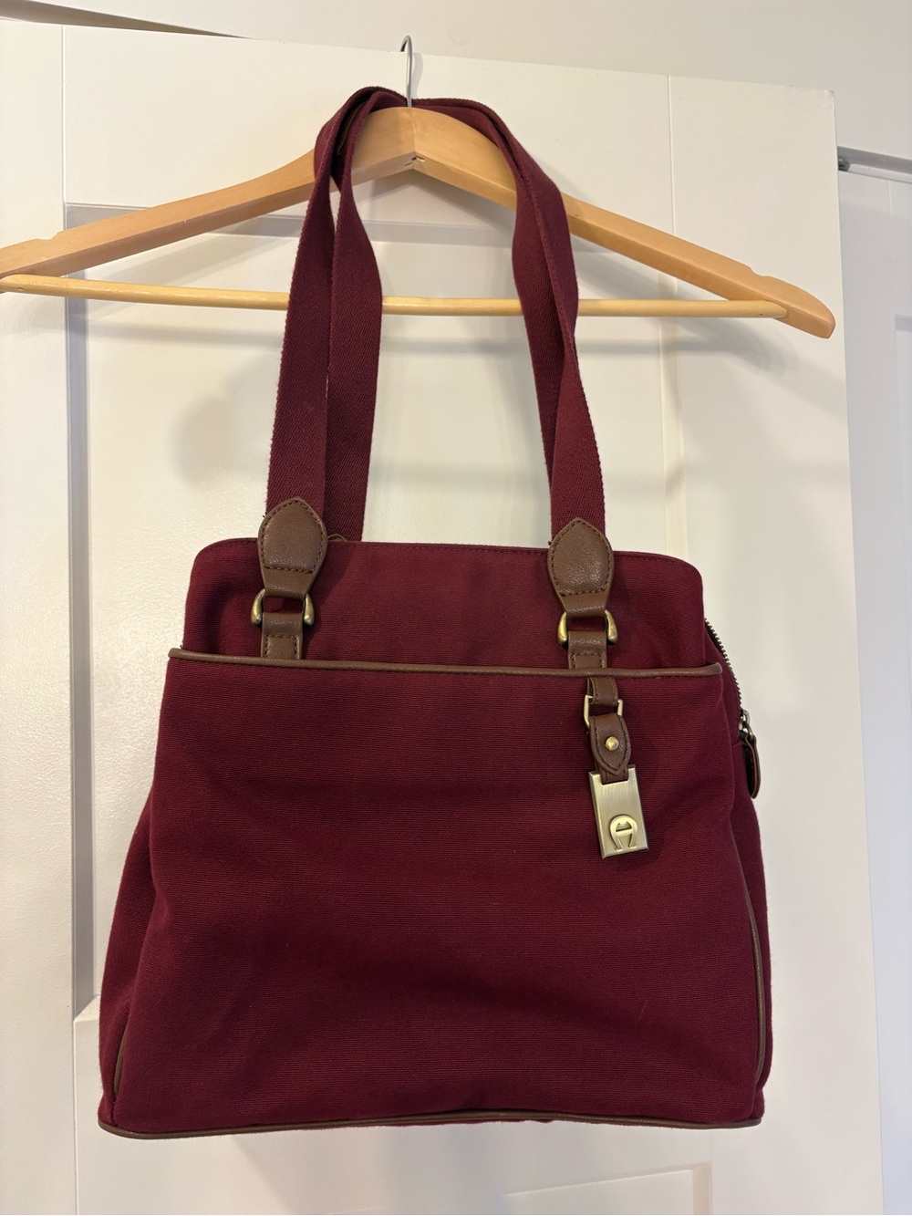 Etienne Aigner Burgundy Canvas Tote with Brown Leather Trim